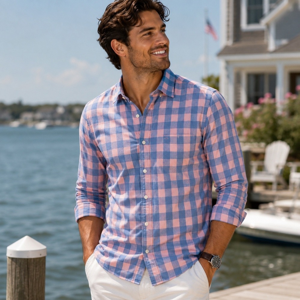 Vineyard Vines Mens Slim Longshore Shirt Pink Blue Buffalo Check Plaid Size M